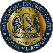 Sello circular del Tribunal del 24.º Distrito Judicial de Luisiana, en el que aparecen un pelícano en su nido y el lema del estado.