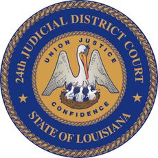 Sello oficial del Tribunal del 24.º Distrito Judicial de Luisiana, en el que aparece un pelícano en un nido sobre un fondo dorado y azul.