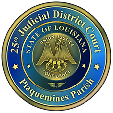 Sello del Tribunal del 25.º Distrito Judicial, parroquia de Plaquemines, Luisiana, en el que aparece el pelícano, emblema del estado, en color dorado.