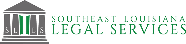 Logotipo de Southeast Louisiana Legal Services, en el que aparece un icono de un templo gris con pilares verdes y el nombre de la organización.