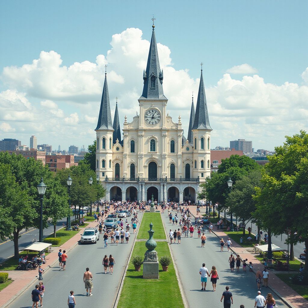 Jackson Square y la catedral de San Luis, en New Orleans, Luisiana. Gente caminando por un camino central hacia la iglesia. Un día soleado.