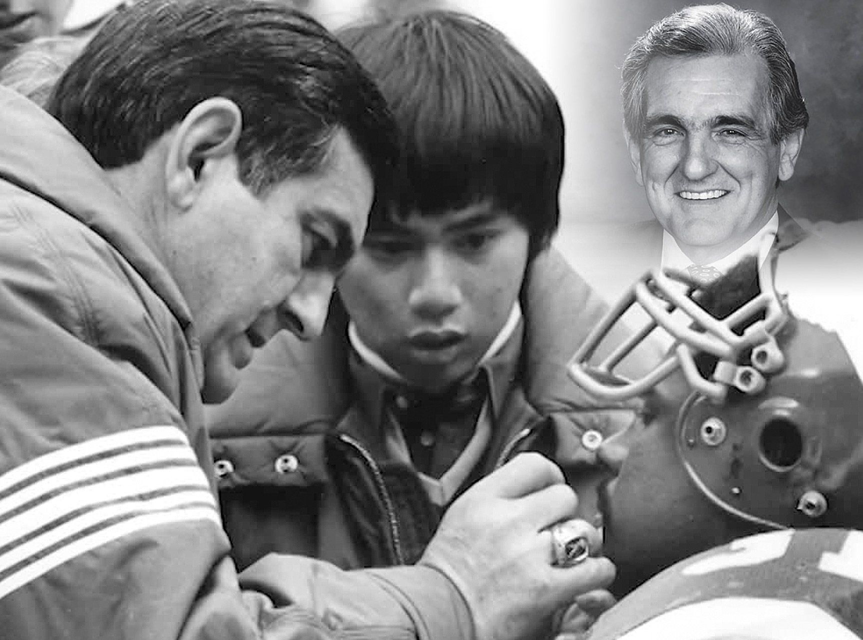 A black and white photo of two men and a football helmet