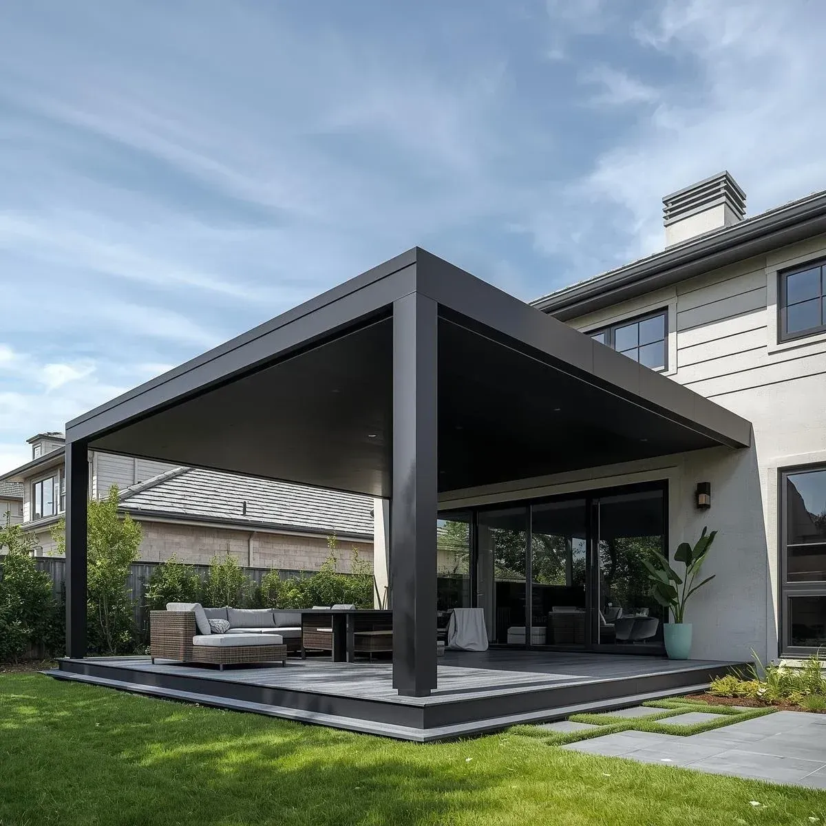 Modern backyard patio with a dark pergola, outdoor seating, and a green lawn beside a house