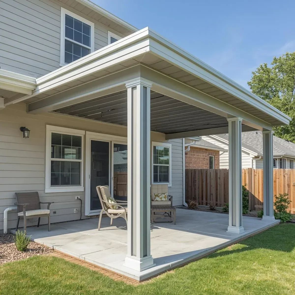 Covered backyard patio with white columns, seating, and a small grassy yard beside a house