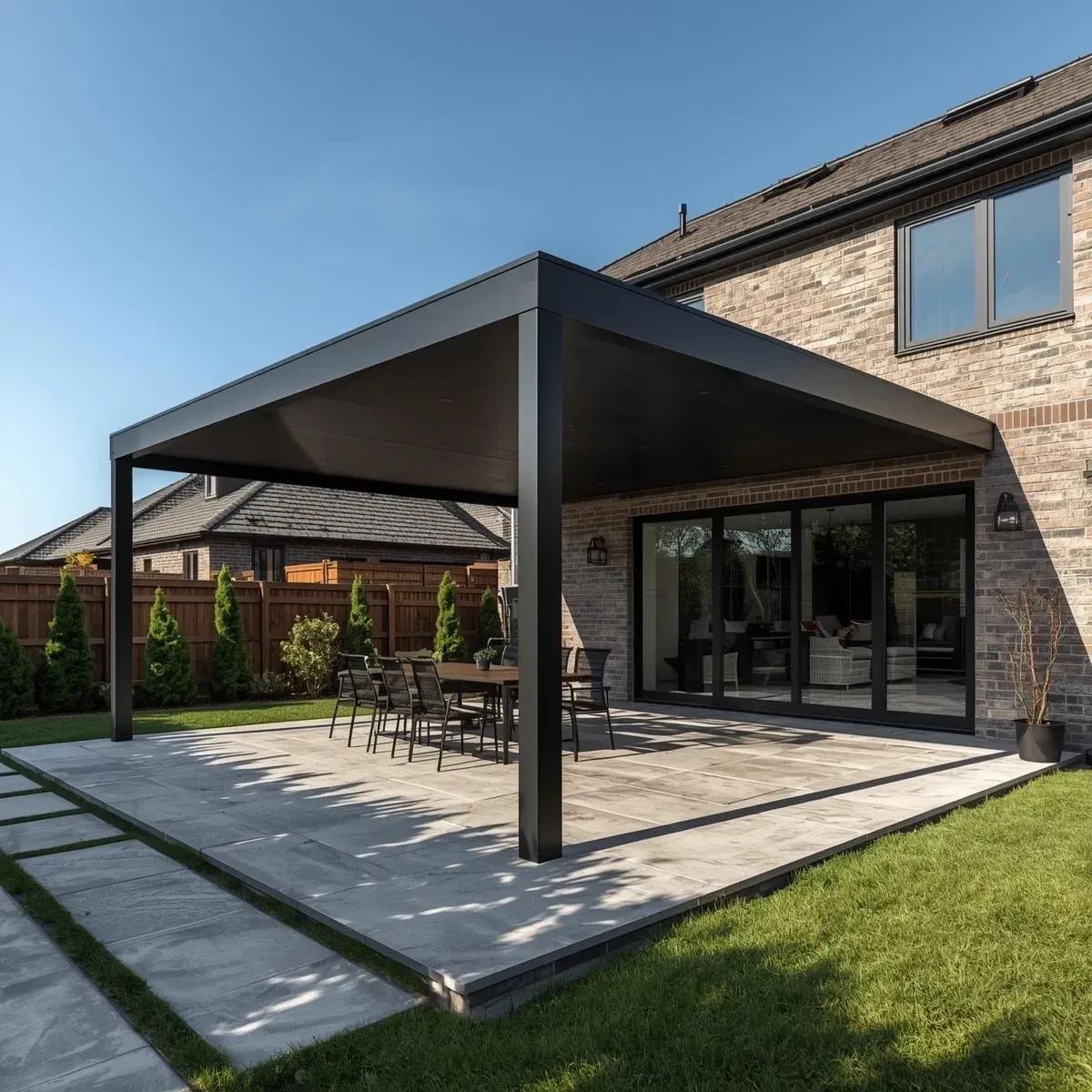 Modern house patio with a black pergola, outdoor dining set, and sliding glass doors on a sunny lawn