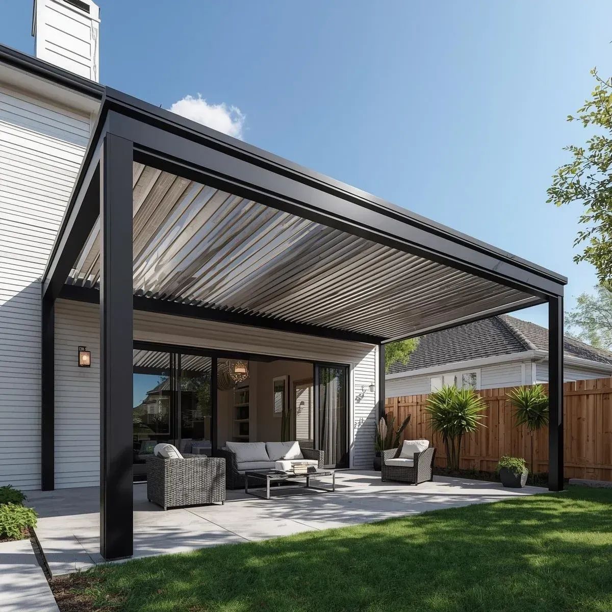 Modern backyard patio with a black-framed pergola, outdoor seating, and a lawn beside a house