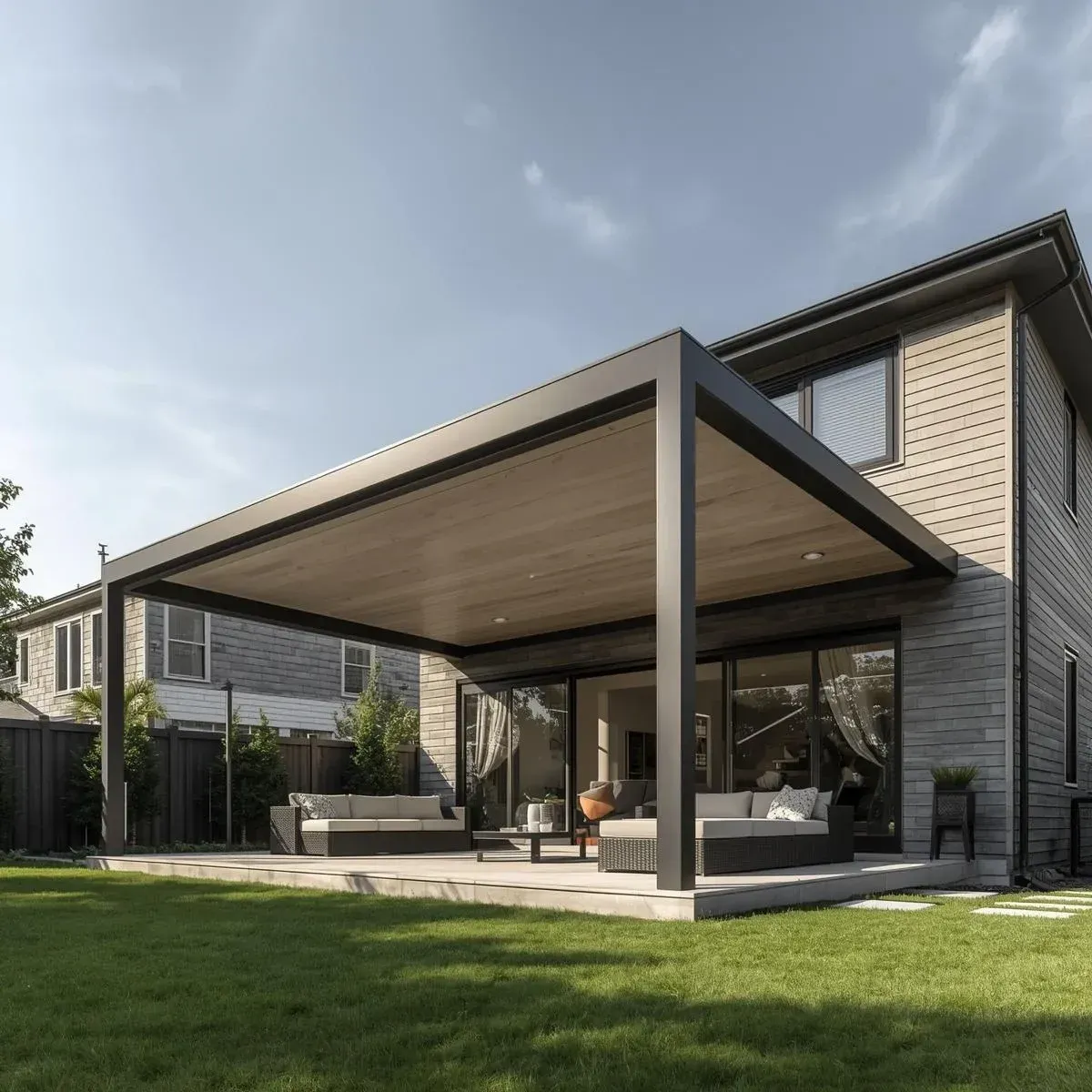 Modern house patio with a large dark metal pergola, outdoor furniture, and a grassy backyard under a clear sky.