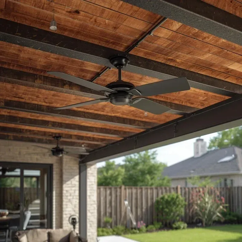 A covered outdoor patio featuring rustic wooden ceilings, dark metal beams, and ceiling fans.