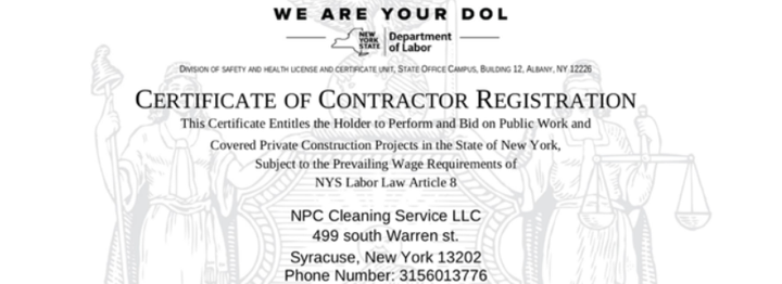 Certificate of Contractor Registration document for CMC Cleaning Service LLC in New York City