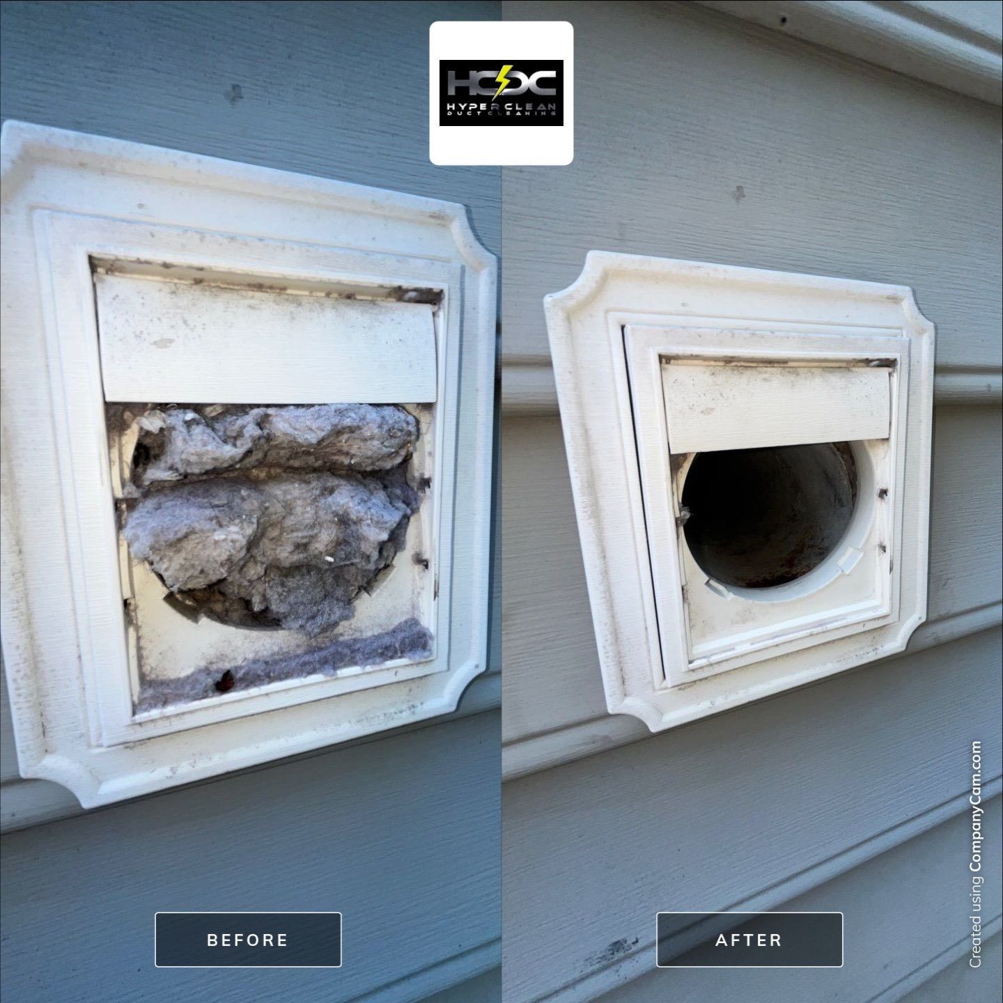Clogged dryer vent packed with lint posing a fire hazard before professional cleaning from HCDC