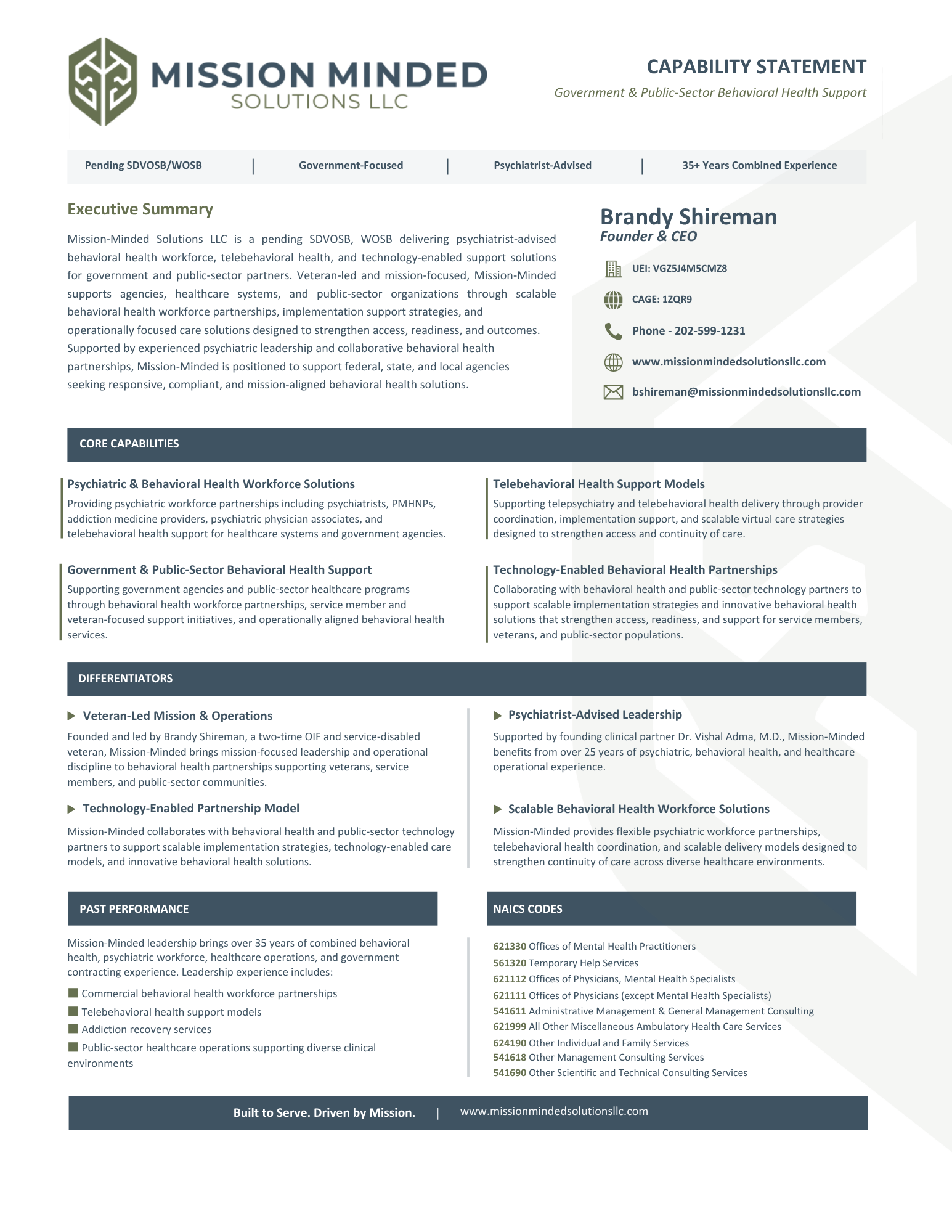Mission Minded brochure with headings, text blocks, and contact details on a white background