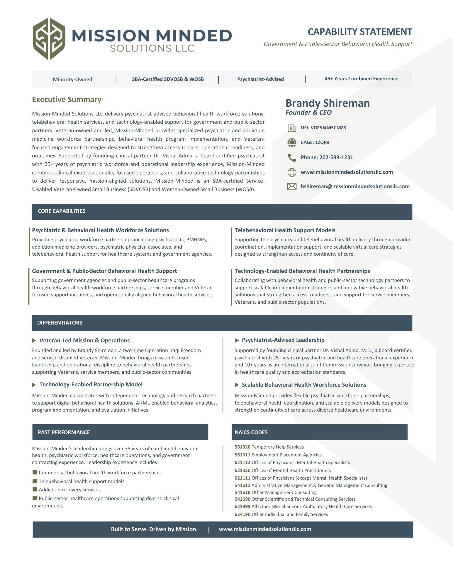 Mission Minded brochure with headings, text blocks, and contact details on a white background