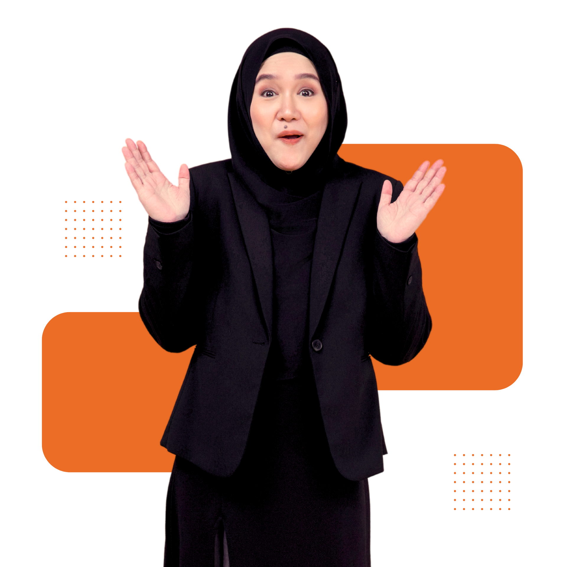 A woman in a suit is standing in front of an orange sign.