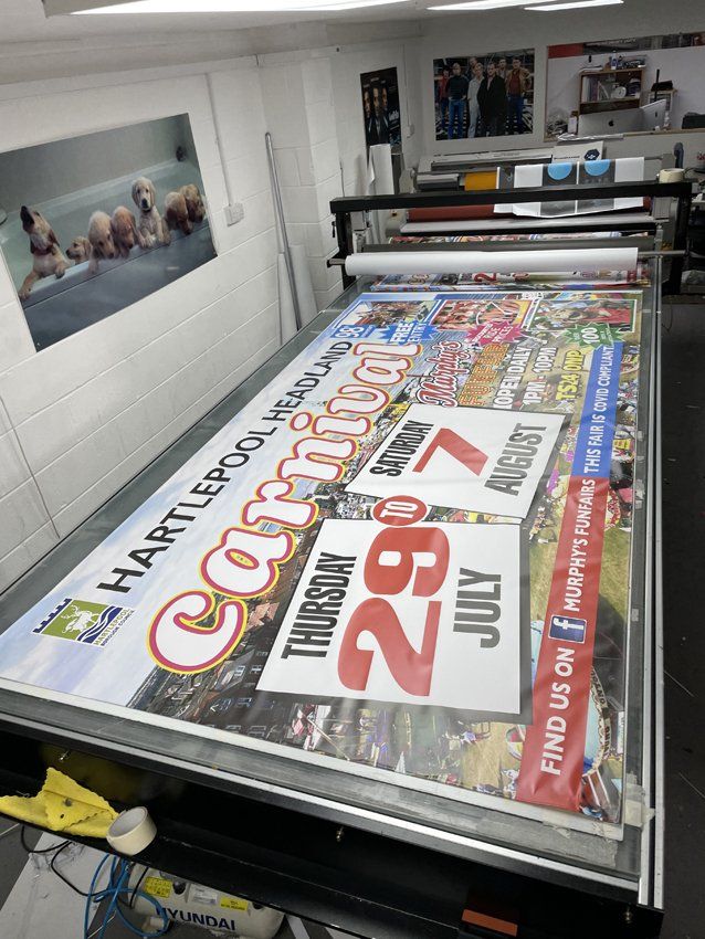 Printed banner reading 