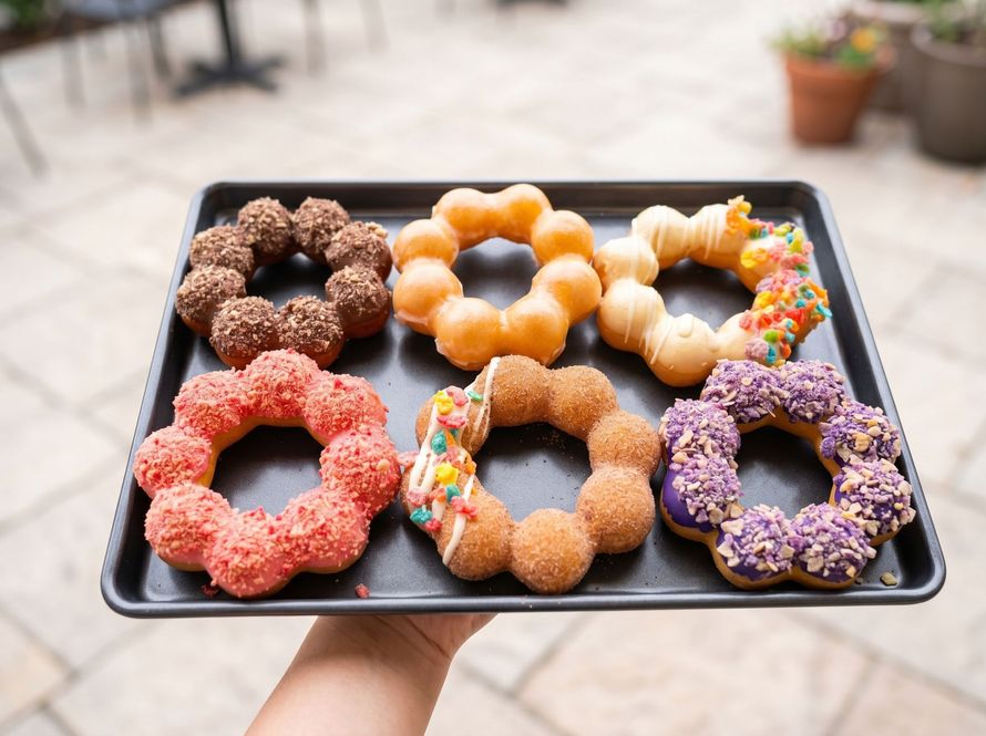 A tray held by a person featuring six colorful mochi donuts with various toppings like cereal, icing, and sprinkles.