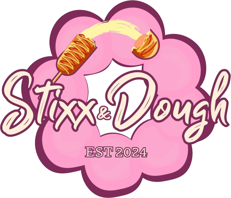 Logo for "Stixx & Dough EST 2024," featuring a corn dog being pulled apart on a pink, cloud-like floral background.