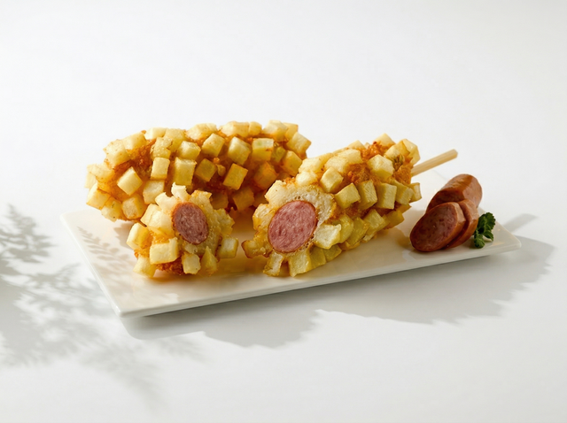 Two potato-crusted Korean corn dogs on sticks, one sliced to reveal a sausage center, served on a white platter.