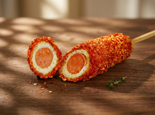 A hot dog on a stick with a crispy red coating, sliced in half to show the sausage inside, on a wooden surface.