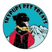 Logo for SkyPups Pet Treats: a dog in a jacket and bandana against a mountain backdrop.