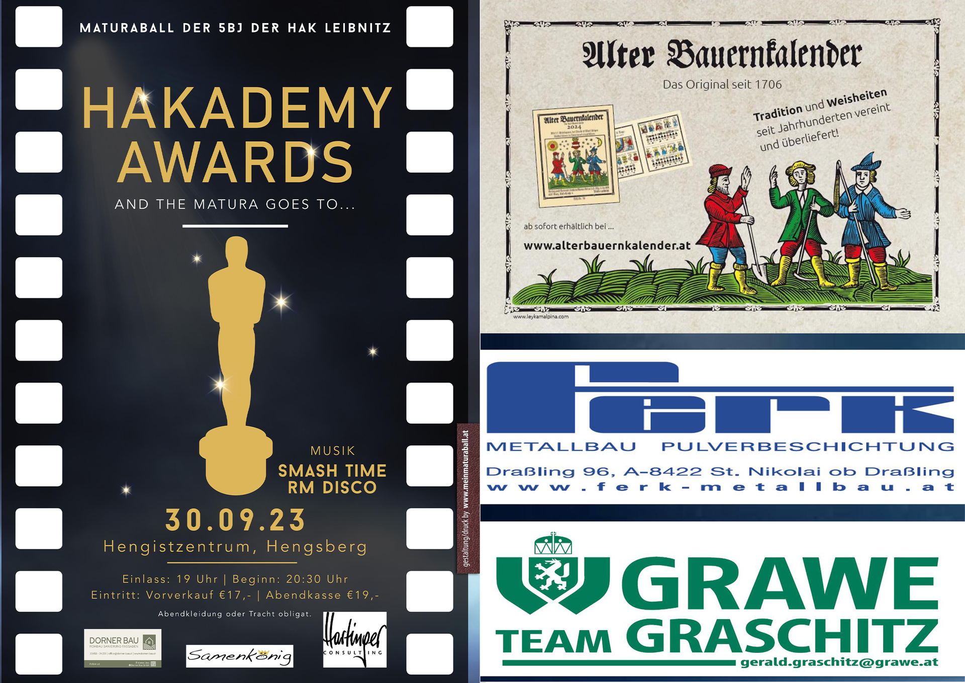 Collage aus vier Postern und Logos, darunter ein dunkles HAKADEMY AWARDS-Poster und drei Markengrafiken.