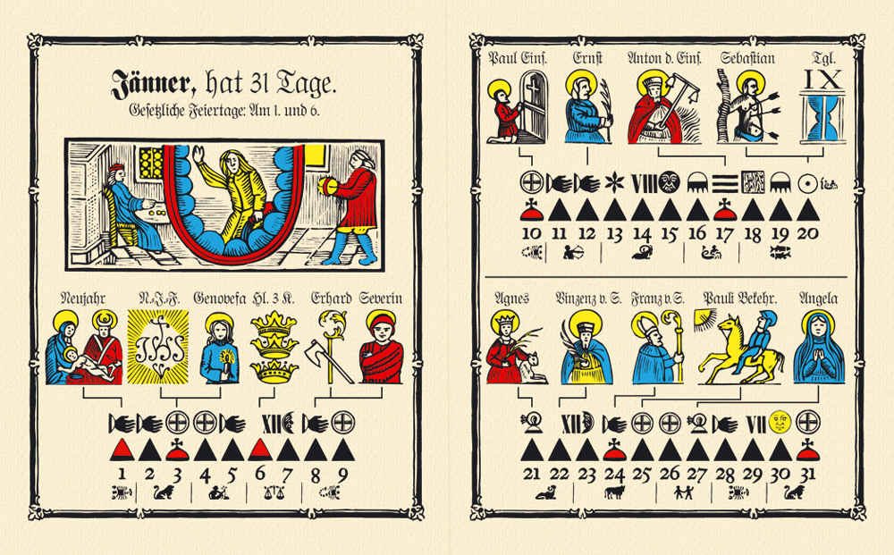 Zwei illustrierte Kalenderblätter im Vintage-Stil mit farbenfrohen Figuren, Symbolen und deutschem Text