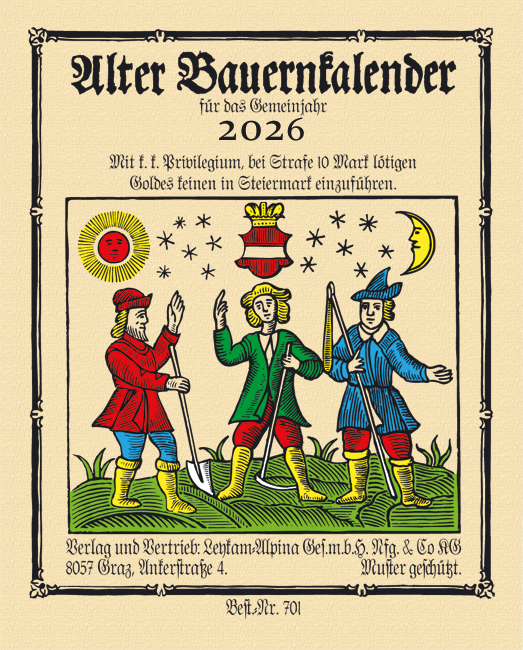 Vintage-Einband eines deutschen Almanachs mit drei farbenfrohen Figuren, Sternen, Mond und dekorativem Rand, betitelt „Alter Bauernkalender 2026“