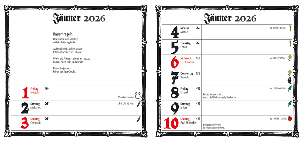 Kalenderseiten für Januar 2026 mit den Daten 1–10 und einigen handschriftlichen Notizen, die rot hervorgehoben sind.