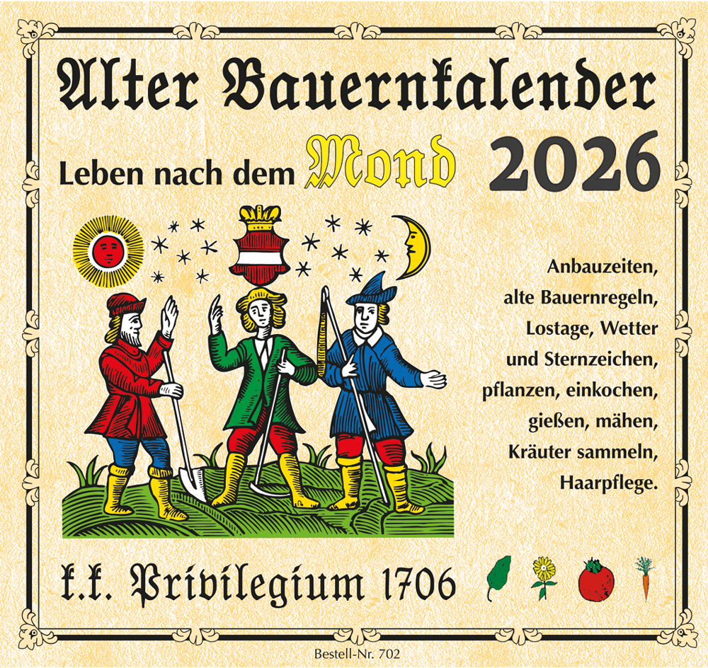 Historischer deutscher Kalenderumschlag für den „Alter Bauernkalender 2026“ mit illustrierten Figuren und altenglischer Schrift.