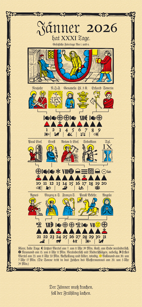 Vintage-Kalenderblatt mit farbenfrohen Figuren im mittelalterlichen Stil und dekorativem Rand auf beigem Hintergrund