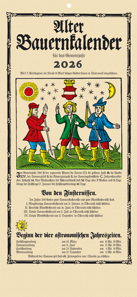 Vintage-Kalenderumschlag aus Bayern für 2026 mit drei tanzenden Figuren in Rot, Grün und Blau unter Mond und Sternen