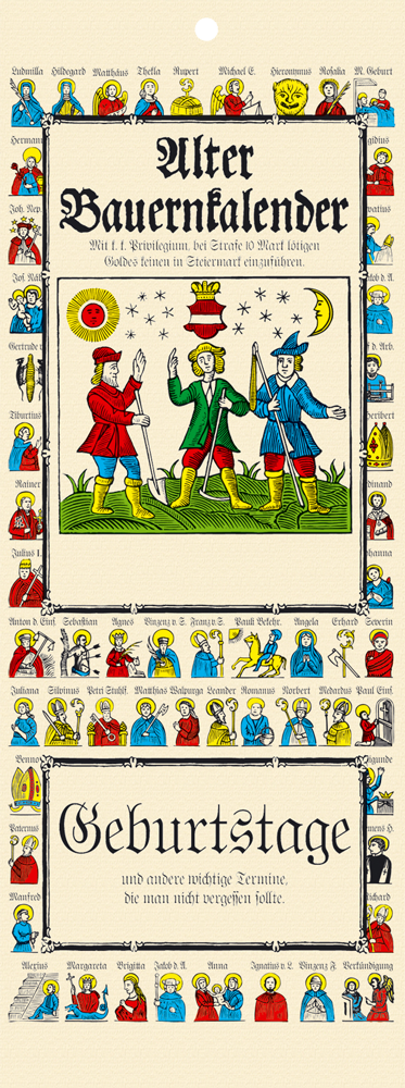 Vintage-Buchumschlag aus Deutschland mit den Aufschriften „Alter Baumkalender“ und „Geburtstage“, umrahmt von farbenfrohen Volksillustrationen