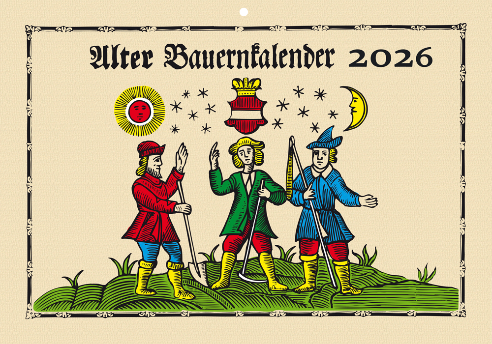 Titelbild für den „Alten Bauernkalender 2026“ mit drei farbenfrohen tanzenden Figuren in Tracht.