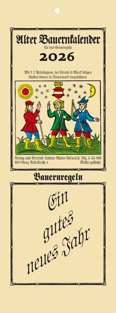 Vintage-Kalenderumschlag mit illustriertem Text, deutscher Beschriftung, der Jahreszahl 2026 und einer kleinen, farbenfrohen Figurenszene.