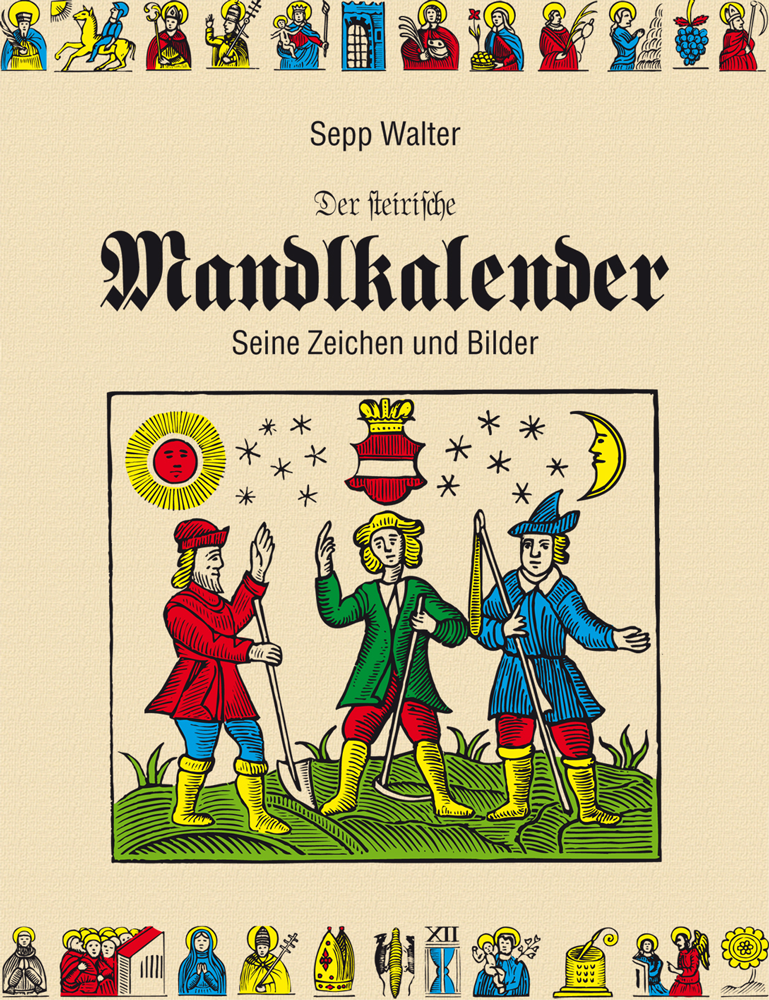 Buchcover mit dem Titel „Nandkalender“ mit farbenfrohen Illustrationen und dekorativem Rand auf beigem Hintergrund