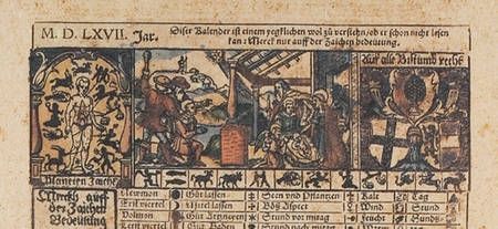 Alter mittelalterlicher Holzschnitt mit vier kleinen illustrierten Szenen und dichtem lateinischen Text darunter