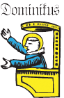 Das Wort „Dominus“ über einer blau-goldenen, bischöflichen Figur in einem gerahmten Emblem im Buntglasstil.