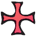 Rotes vierzackiges Kreuz mit schwarzer Umrandung auf weißem Hintergrund