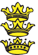 Gelbes, kronenartiges Emblem mit zwei goldenen, schwarz umrandeten Kronen auf weißem Hintergrund
