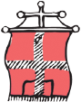 Rot-schwarzer Wappenschild mit kronenartigem Oberteil auf weißem Grund