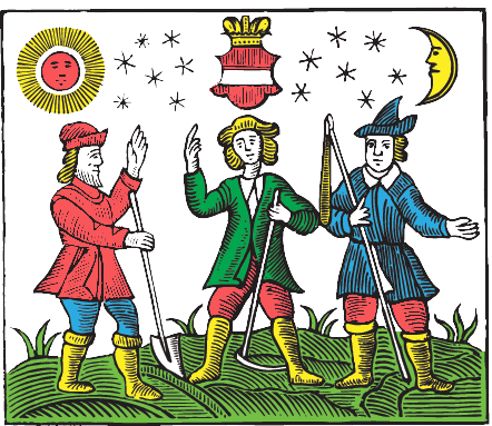 Drei farbenfrohe Figuren in mittelalterlicher Kleidung, die Zauberstäbe halten, unter einer Sonne, Sternen und einem Mond.