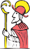 Illustration einer rotgewandeten Gestalt, die eine leuchtend gelbe Kugel und einen Stab hält, vor weißem Hintergrund