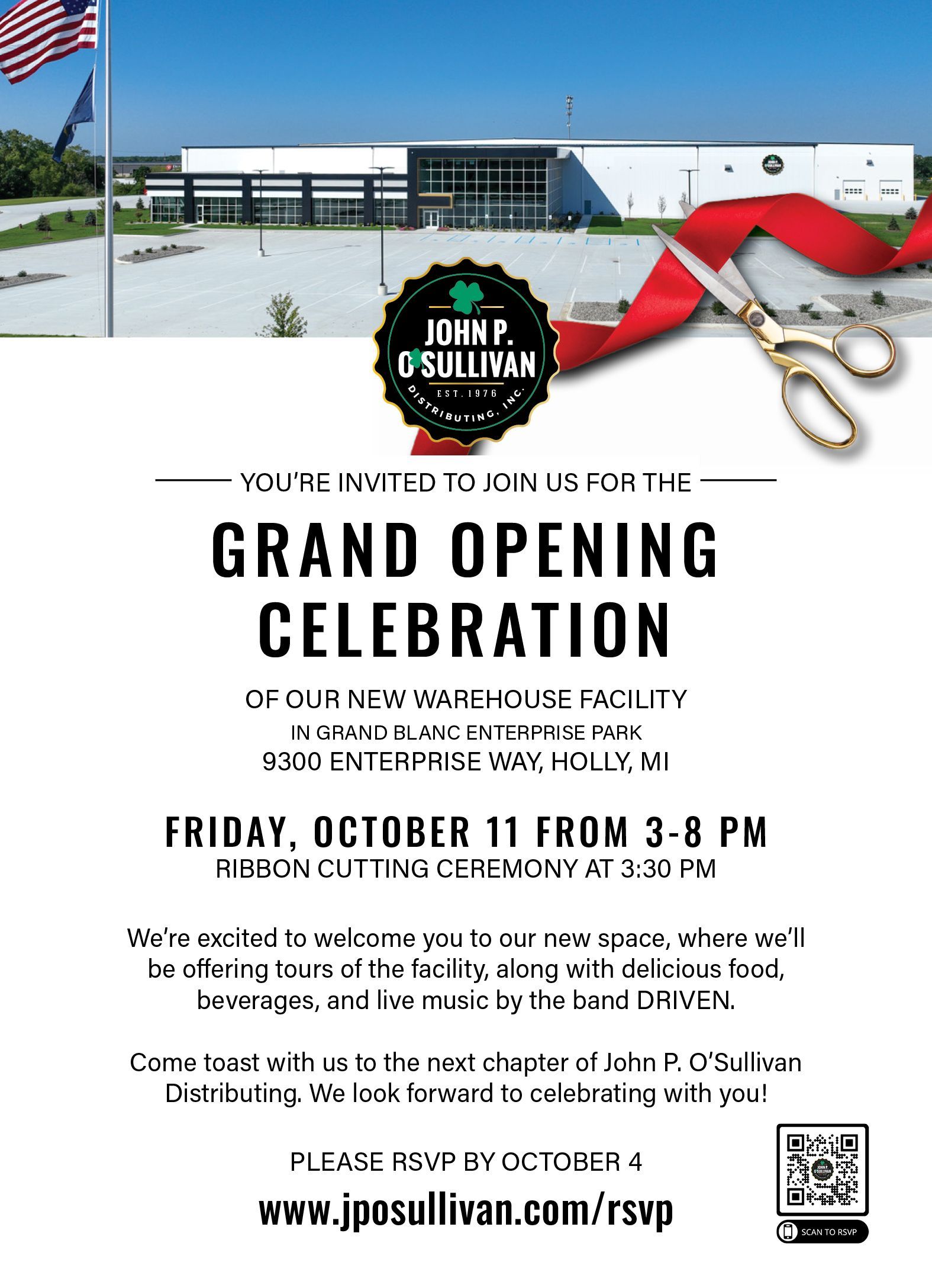 Grand opening celebration flyer with red ribbon and scissors over a snowy building scene.
