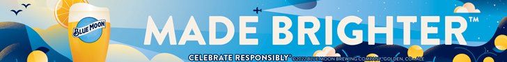 Yellow slogan banner reading “MADE BRIGHTER” with blue-and-yellow product graphics on a sky-blue background