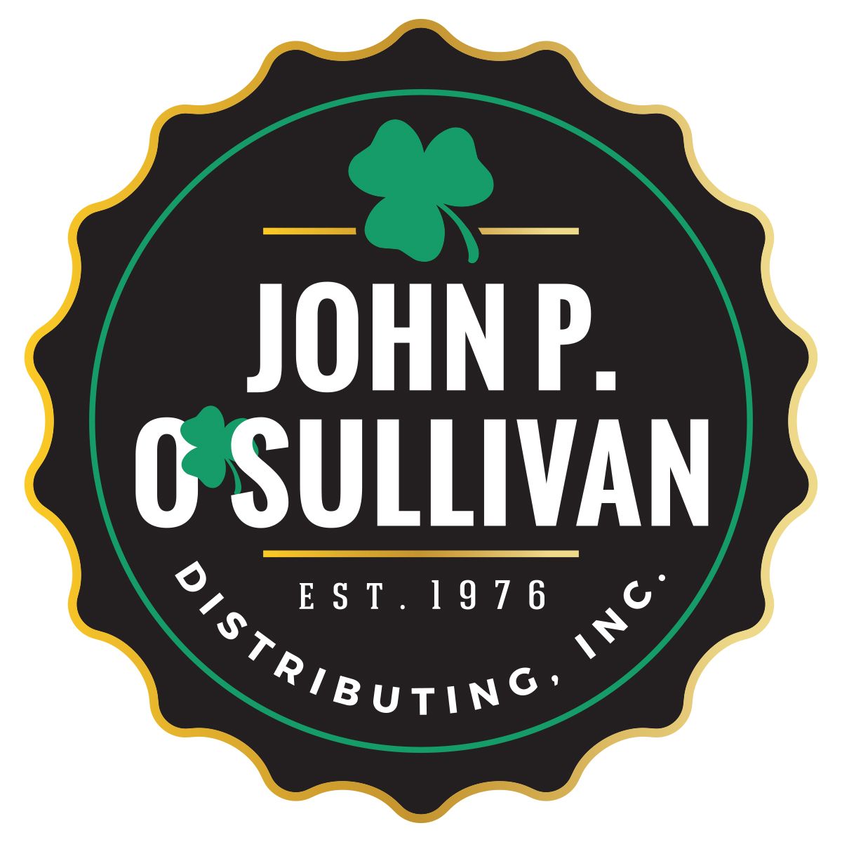John P. O’Sullivan Distributing, Inc. logo with green shamrock on a black and gold seal badge