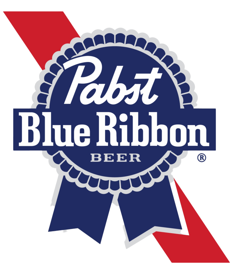 Pabst Blue Ribbon beer logo with red ribbon and blue rosette emblem