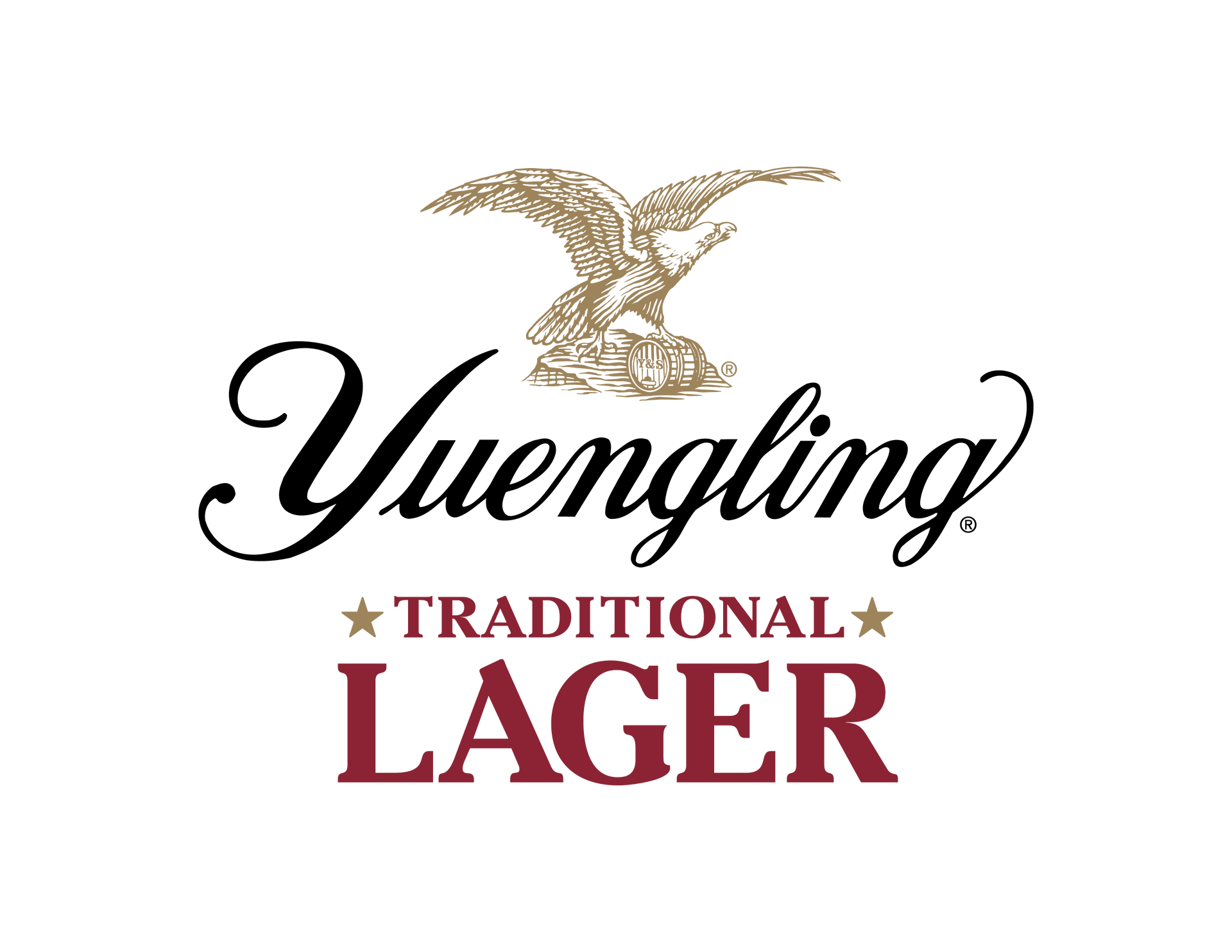 Yuengling Traditional Lager logo with golden eagle and red and black text on white background