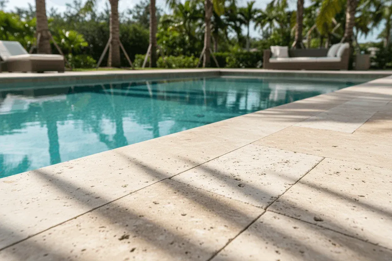 Light-colored travertine pool deck surrounding an outdoor swimming pool.