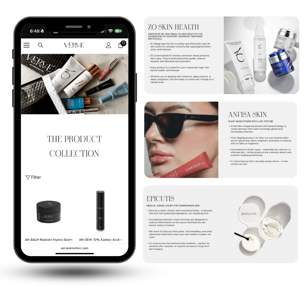 Skincare product collection collage with phone mockup, creams, serum, and model in sunglasses on a white background