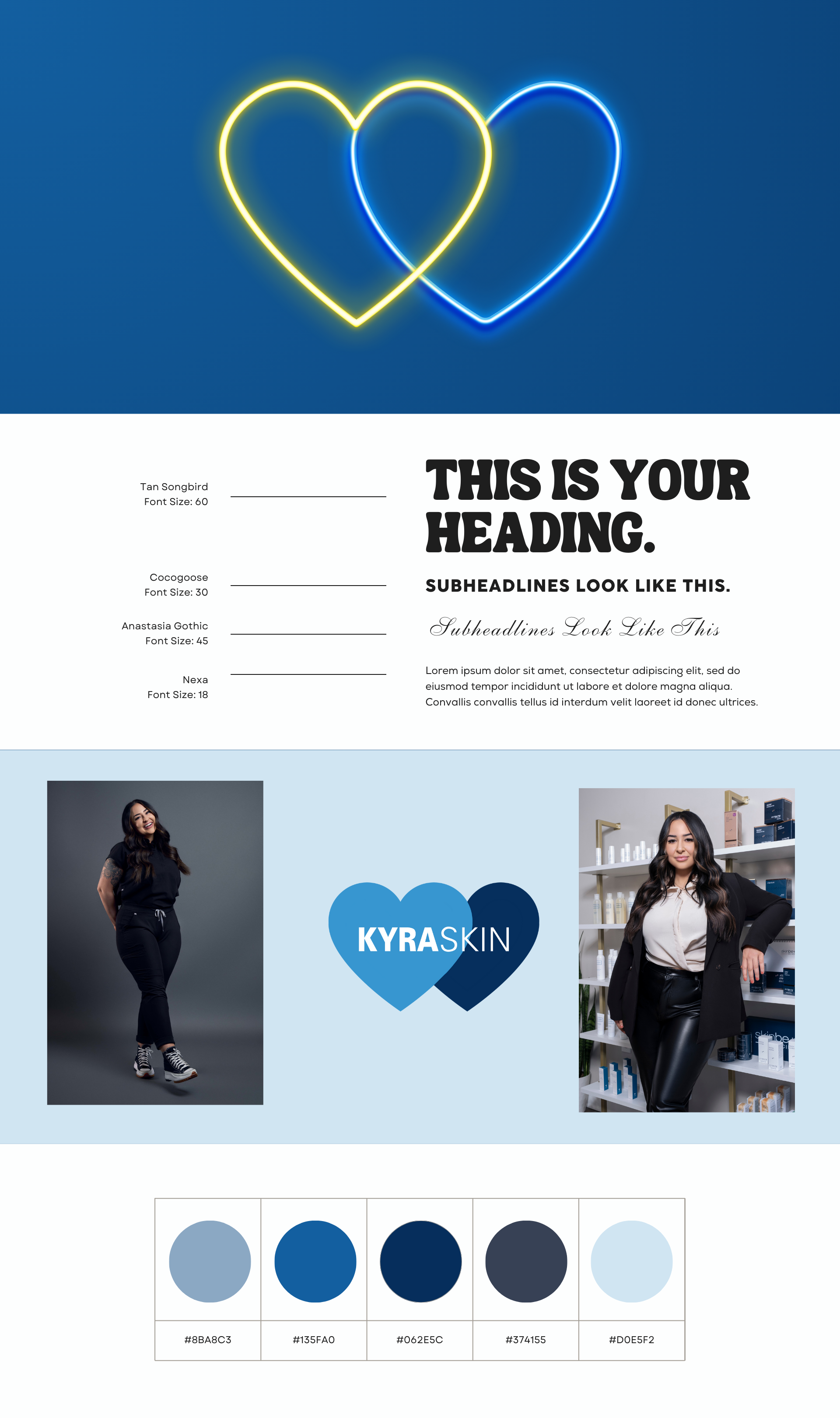 Website homepage featuring a group photo of five women above blue info panels and a beauty product banner.