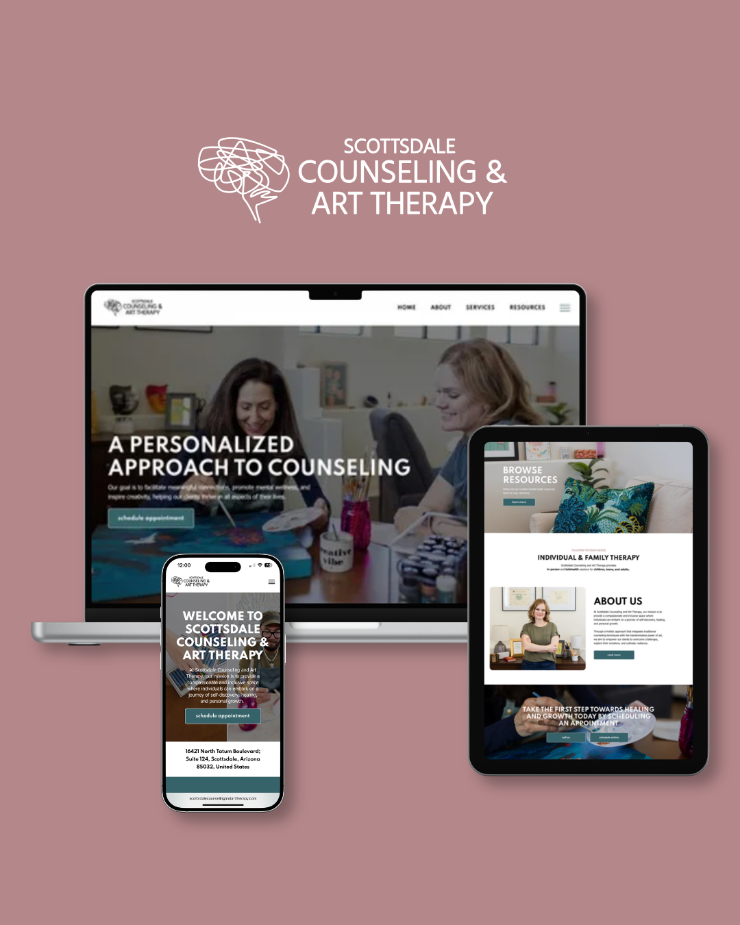 Counseling & art therapy website mockup on laptop, tablet, and phone against a pink background